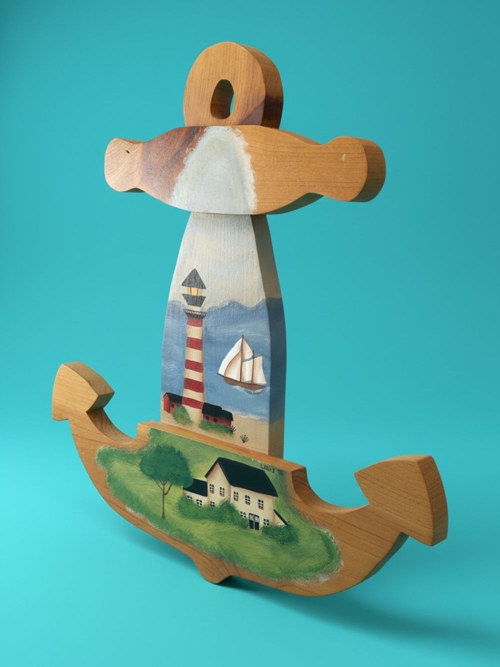 Vintage Signed Laura Hand-Painted Wood Anchor Wall Plaque